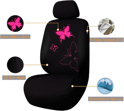 Flying Banner Butterfly car seat Covers ful Set Fashion Universal Lady Woman Female Rear Bench Split Colorized (Black Rose Red, Full Set - Lace)