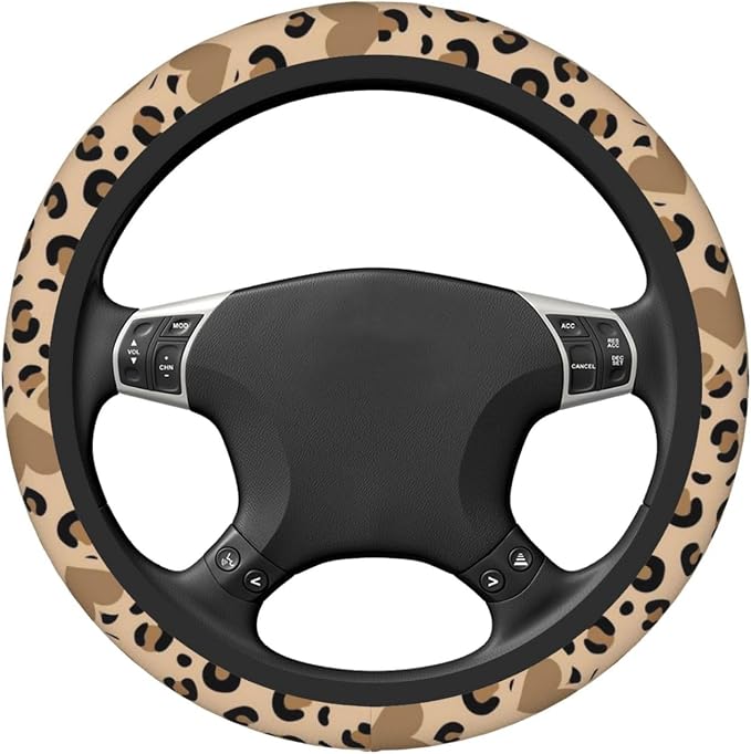 Car Steering Wheel Cover with Anti-Slip Lining, Universal 15 inch Wheel Cover, Fashion Car Interior Accessories for Women Men - Brown Heart Leopard Cheetah