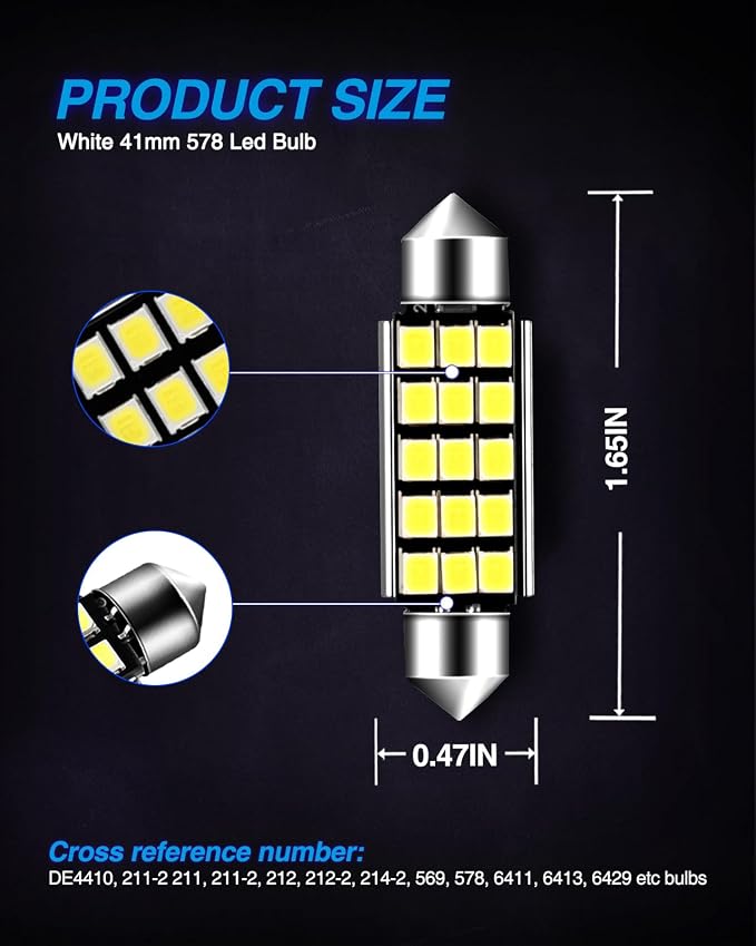 Marsauto 578 LED Bulbs Extremely Bright 400LM 2835 Chipsets for LED Interior Dome Map Door Lights Bulbs 211-2 212-2 569 6411 6451 41mm 42mm 1.65inch 6500K White RV Exterior Lighting (Pack of 4)