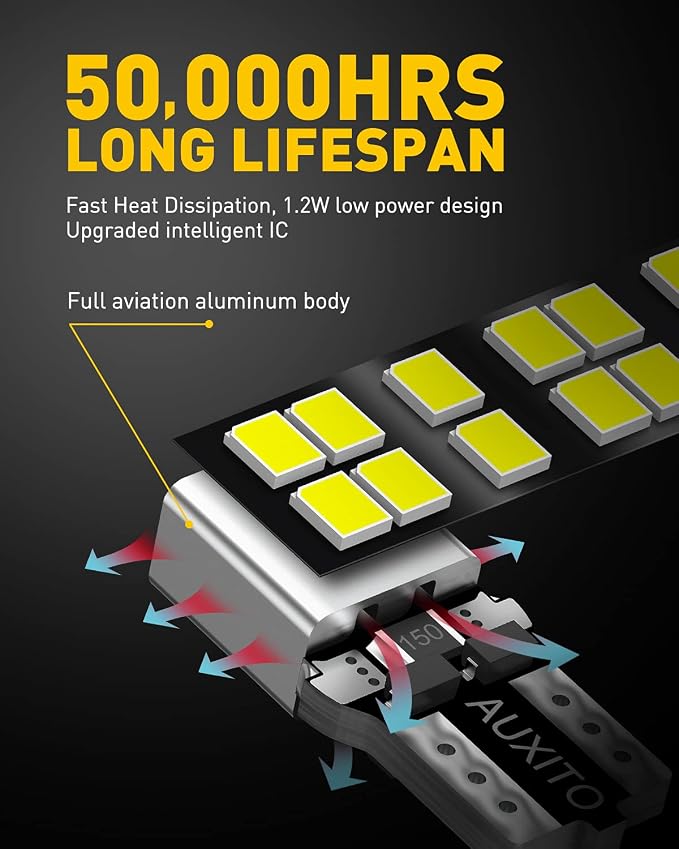 AUXITO 194 LED Bulb 6000K White 168 2825 W5W T10 Wedge 14-SMD Interior Car Bulbs Replacement for Dome Map Door Courtesy Trunk License Plate Parking Lights, 10 PCS