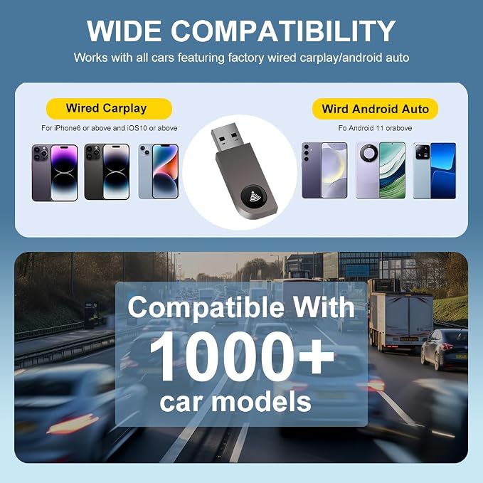 2 in 1 Wireless CarPlay Adapter, Android Auto Plug&Play CarPlay Dongle Converts Wired to Wireless with USB&USB-C/Type-C, Fast Auto-Connect, Stable Control & No Delay, for iOS 10+/Android 11+