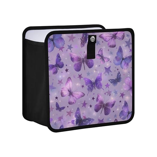 Car Trash Can Organizer Bin with Adjustable Strap for Back Front Seat Console Waterproof Leakproof Collapsible Portable 8.66 Inch Purple Dreamy Butterflies and Stars