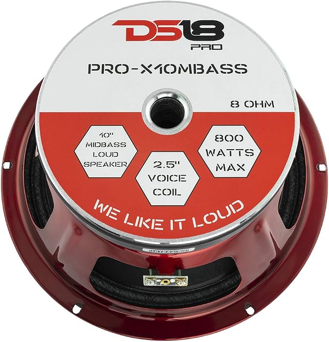 DS18 PRO-X10MBASS Loudspeaker - 10", Midbass, Red Steel Basket, 800W Max, 400W RMS, 8 Ohms - Premium Quality Audio Door Speakers for Car or Truck Stereo Sound System (1 Speaker),Classic