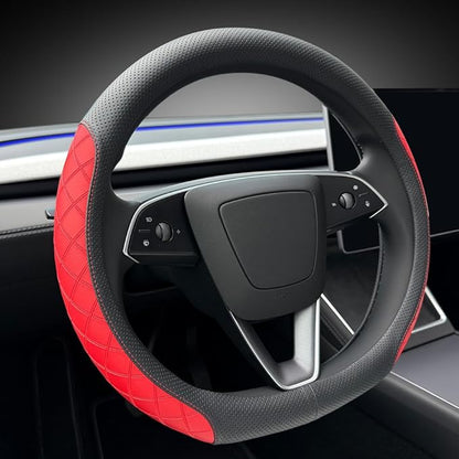 LKWLIKEI Leather Steering Wheel Cover. Elegant Diamond Checkered Design, Non-Slip and Breathable, for Tesla Model 3/Y Steering Wheel Protector,Black Red