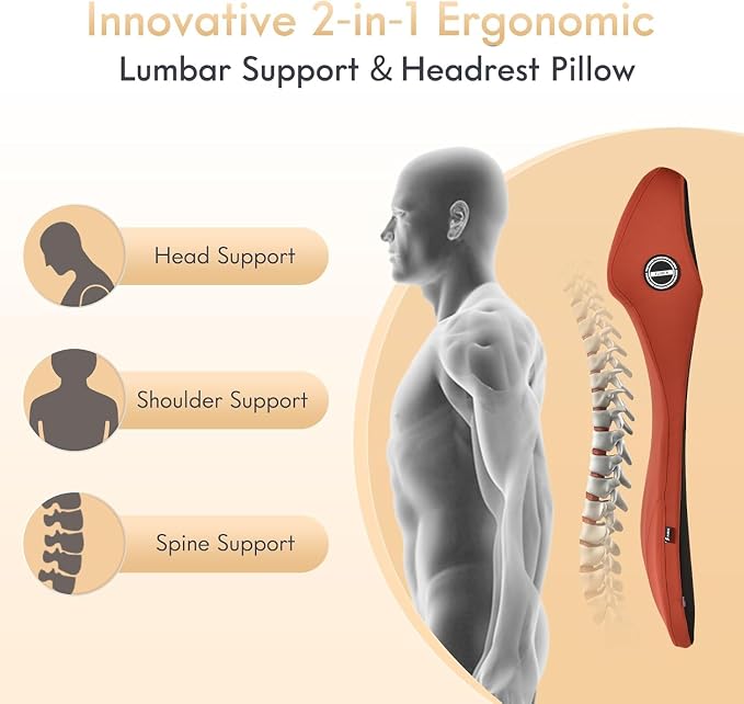FLORICH Memory Foam Car Seat Cushion and Integrated Neck Pillow Lumbar Support Ergonomic Seat Cushion Breathable Back Support Headrest for Truck Driver Long Driving Sciatica Tailbone Pain Relief, Red