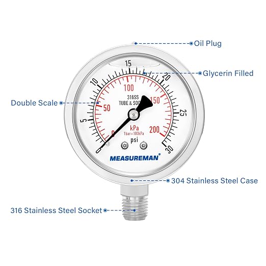 MEASUREMAN Fully Stainless Steel Hydraulic Glycerin Filled Pressure Gauge, 2-1/2" Dial Size,0-30psi/kpa,1/4" NPT Lower Mount