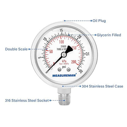 MEASUREMAN Fully Stainless Steel Hydraulic Glycerin Filled Pressure Gauge, 2-1/2" Dial Size,0-30psi/kpa,1/4" NPT Lower Mount