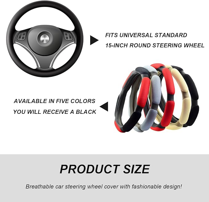 Car Steering Wheel Cover, 15" Anti-Slip Steering Wheel Protector Soft Hand Pad Cushion, Breathable Ice Silk Auto Wheel Wraps Comfy Grip All-Season Protector for Most Vehicles (Black)