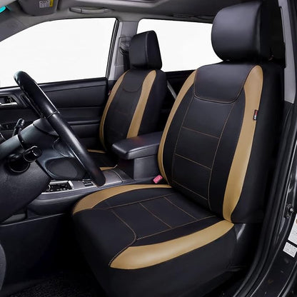 Flying Banner car seat Covers Protects Water Proof Faux Leather Carbon Fiber Front and Rear Bench (Black Beige, Full Set - 8PCS)