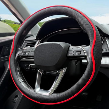 HAOTULE Leather Steering Wheel Cover， with Anti-Slip Stripe Design - Enhanced Grip, Fashion Style, Safe, Non-Slip, Breathable. Upgrade car Interior，Black red