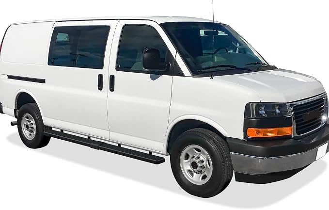 APS Premium 6in Stainless Steel Black Running Boards Compatible with Chevy Express GMC Savana 1500 2500 3500 2003-2026 Full Size Van 3-Door (Nerf Bars Side Steps Side Bars)