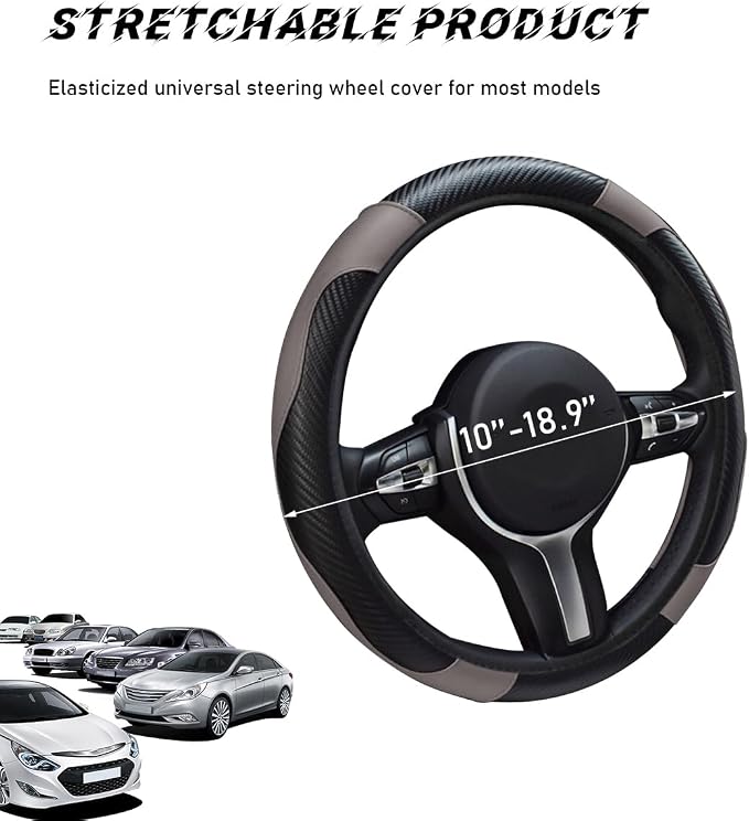 povtii Car Steering Wheel Cover, 15 Inch Leather Breathable Auto Steering Wheel Protector, Comfortable Non-Slip Vehicle Steering Wheel Covers, Universal Car Accessories (Gray, with Lining)