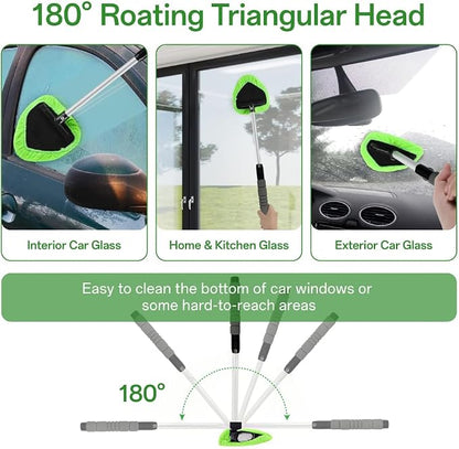 Windshield Cleaner Tool with Extendable Handle, Car Window Cleaning Kit for Inside & Outside Glass, Includes Microfiber Pads, Brush & Bottle (7 Pcs, Green)