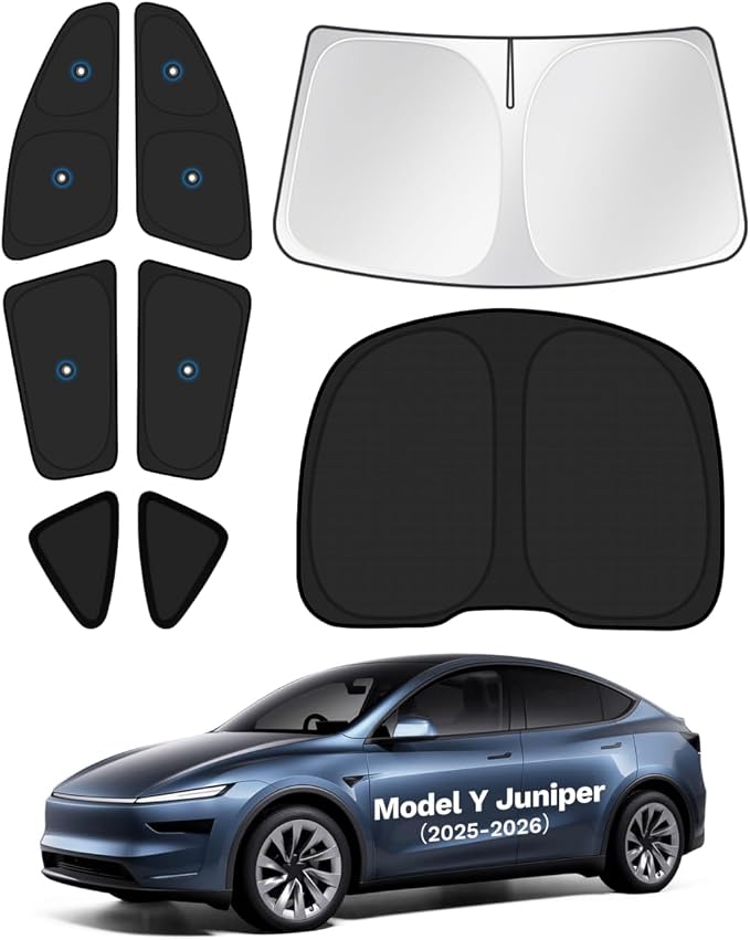 KUST Car Window Shades for 2025 2026 New Tesla Model Y Juniper Accessories with No-Fall Suction Cups Windshield Sun Shade Side Rear Window Covers Sunshade Privacy Protection for Camping Blackout 8PCS