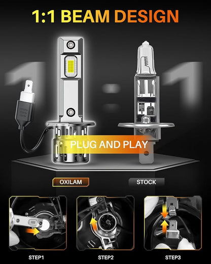 OXILAM Upgraded H1 Light Bulbs, 900% Brightness with 16 CSP Chips, Real 1:1 Halogen Size, 6500K White, Canbus Ready Fog Light Bulbs, Pack of 2