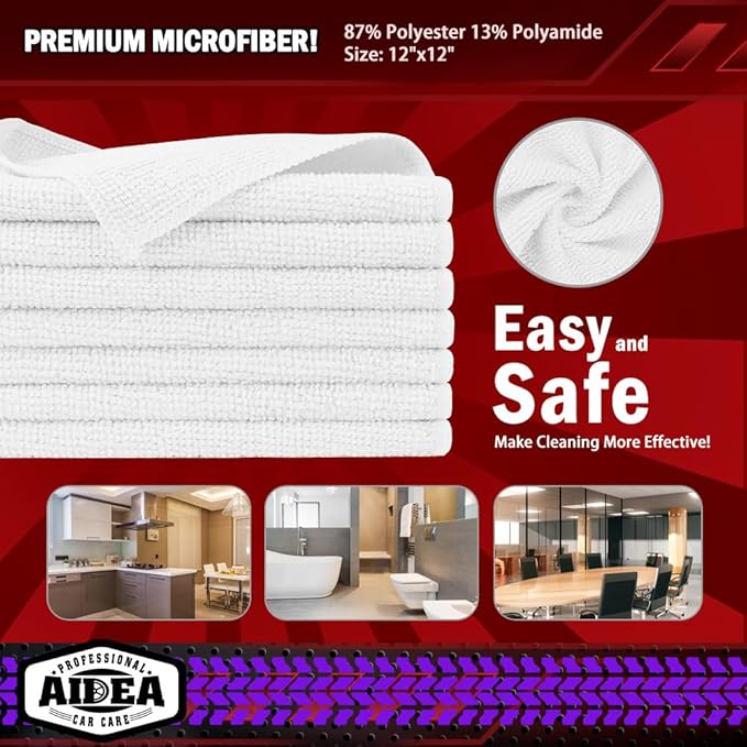 AIDEA Microfiber Cleaning Cloth White 5PK, Microfiber Towels for Cars, Premium Car Cloths, Dusting Cloth Lint Free Cleaning Rags for SUVs, House, Kitchen, Window, Workshops,12×12"