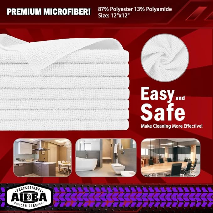 AIDEA Microfiber Cleaning Cloth White 50PK, Microfiber Towels for Cars, Premium Car Cloths, Dusting Cloth Lint Free Cleaning Rags for SUVs, House, Kitchen, Window, Workshops,12×12"