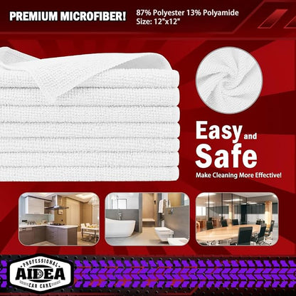 AIDEA Microfiber Cleaning Cloth White 50PK, Microfiber Towels for Cars, Premium Car Cloths, Dusting Cloth Lint Free Cleaning Rags for SUVs, House, Kitchen, Window, Workshops,12×12"