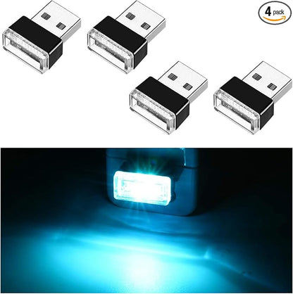 Ziciner 4 PCS USB LED Car Interior Atmosphere Lamp, Portable Mini LED Night Light, Plug-in USB Interface Trunk Ambient Lighting Kit, Universal Car Interior Accessories (Ice Blue)