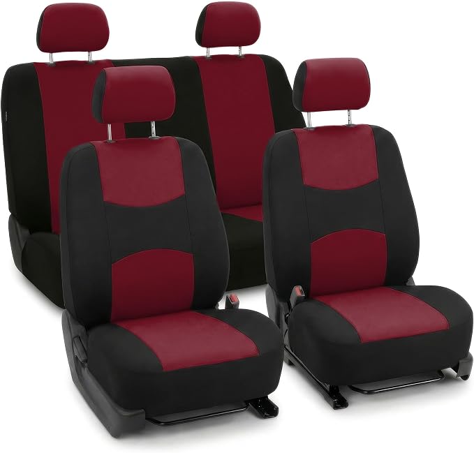 FH Group Bright Flat Cloth Full Set Car Seat Covers, Burgundy/Black- Fit Most Car, Truck, SUV, or Van