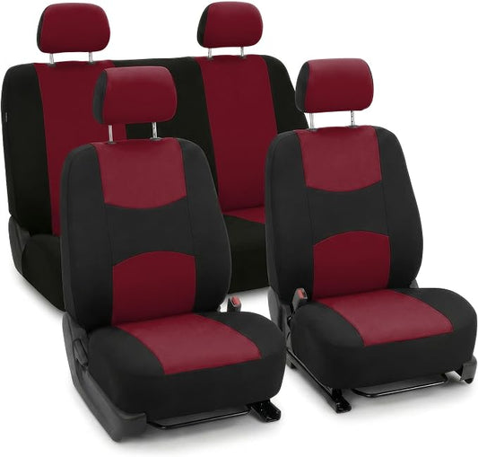 FH Group Bright Flat Cloth Full Set Car Seat Covers, Burgundy/Black- Fit Most Car, Truck, SUV, or Van