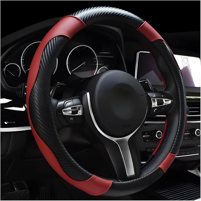 DXNQ Car Steering Wheel Cover, 15 Inch Carbon Fiber Leather Stitching Color Steering Wheel Protector, Anti-Slip Elastic Breathable Steering Wheel Cover Stylish Decor for Most Cars (Wine Red)