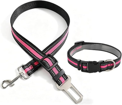 Reflective Nylon Pet Car Safety Set, Adjustable Dog Collar + Seatbelt, Travel Safety Kit for Dogs & Cats