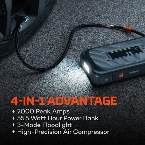 NEBO Assist 2000A Jump Starter & Air Compressor | 2000 Peak Amps, 55.5Wh Portable Car Jump Box for 12V Vehicles & Tire Inflator with Auto Shut-Off, Spark-Proof, USB-C Power Bank, Emergency LED Light