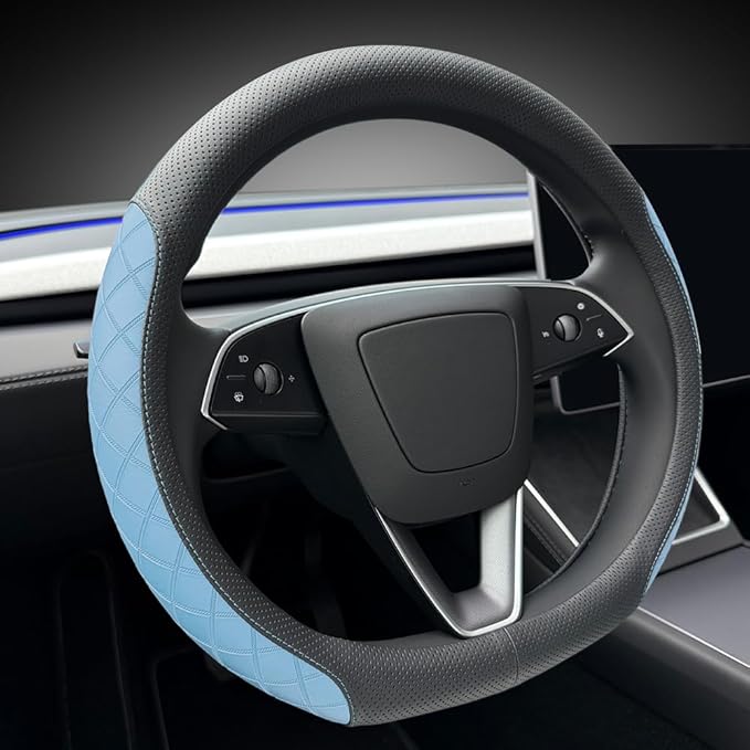 LKWLIKEI Leather Steering Wheel Cover. Elegant Diamond Checkered Design, Non-Slip and Breathable, for Tesla Model 3/Y Steering Wheel Protector,Black Blue