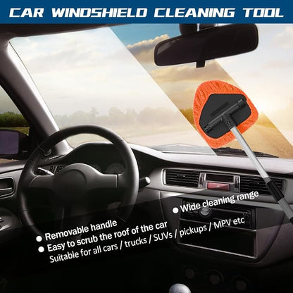 Car Wash Brush with Long Handle, Windshield Cleaning Tool, Car Washing Mop Kit Mitt Sponge Car Cleaning Supplies Kit, Microfiber Towel Gloves Universal for Cars RV SUV Truck Office (Orange)