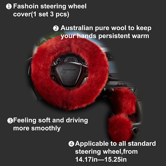 Yontree Fashion Fluffy Steering Wheel Covers for Women/Girls/Ladies/Men Australia Pure Wool Universal 15 Inch 1 Set 3 Pcs Long Wool Burgundy