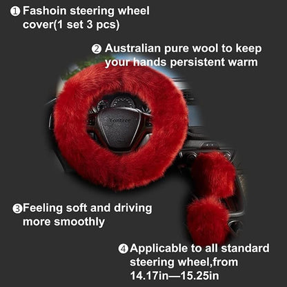 Yontree Fashion Fluffy Steering Wheel Covers for Women/Girls/Ladies/Men Australia Pure Wool Universal 15 Inch 1 Set 3 Pcs Long Wool Burgundy