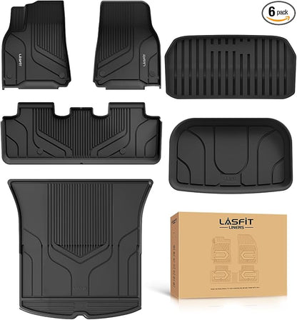 LASFIT 6PCS Floor Mats for Tesla Model Y 2025 2024 2023-2020 5 Seater (Not Fit 7 Seater, Not Fit Juniper), All Weather TPE Custom Fit Floor Liners with Full Set Car Mats & Trunk Mats Accessories