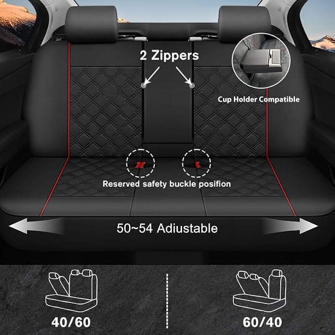 CAROMOP Luxury PU Leather Car Seat Covers Full Set-Waterproof Seat Protectors with Split Bench Seat Covers for Cars-Universal Cars Interior Covers for Sedans, SUVs, Pick-up Trucks (Black/Red Line)