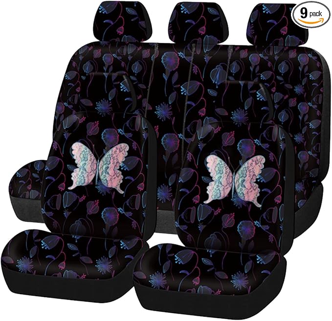 Flying Banner Butterfly car seat Covers ful Set Fashion Universal Lady Woman Female Rear Bench Split Colorized (Muti-Color, Full Set - Printing & Embriodery)