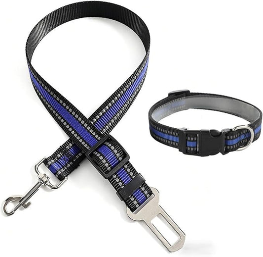 Reflective Nylon Pet Car Safety Set, Adjustable Dog Collar + Seatbelt, Travel Safety Kit for Dogs & Cats