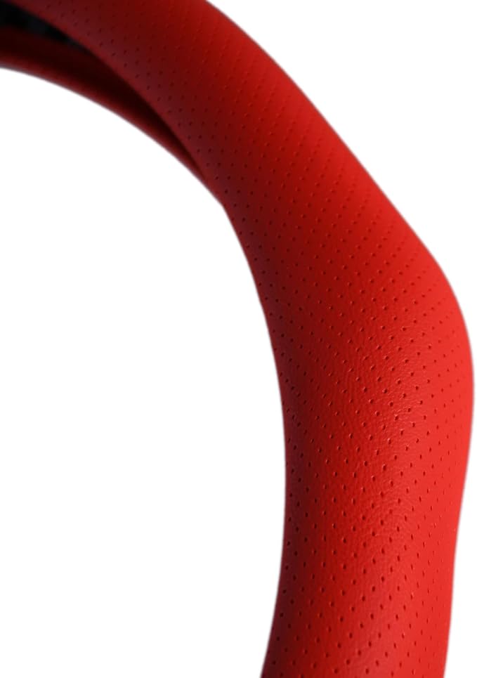 Quick Install Sporty Red Perforated Nappa Leather Steering Wheel Cover Anti-Slip Universal fit 14 ½ to 15 inches Car SUV Pickup Steering Wheel