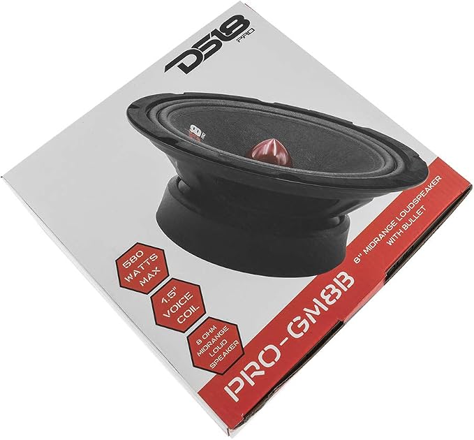 DS18 PRO-GM8B Loudspeaker - 8", Midrange, Red Aluminum Bullet, 580W Max, 190W RMS, 8 Ohms - Premium Quality Audio Door Speakers for Car or Truck Stereo Sound System (1 Speaker)