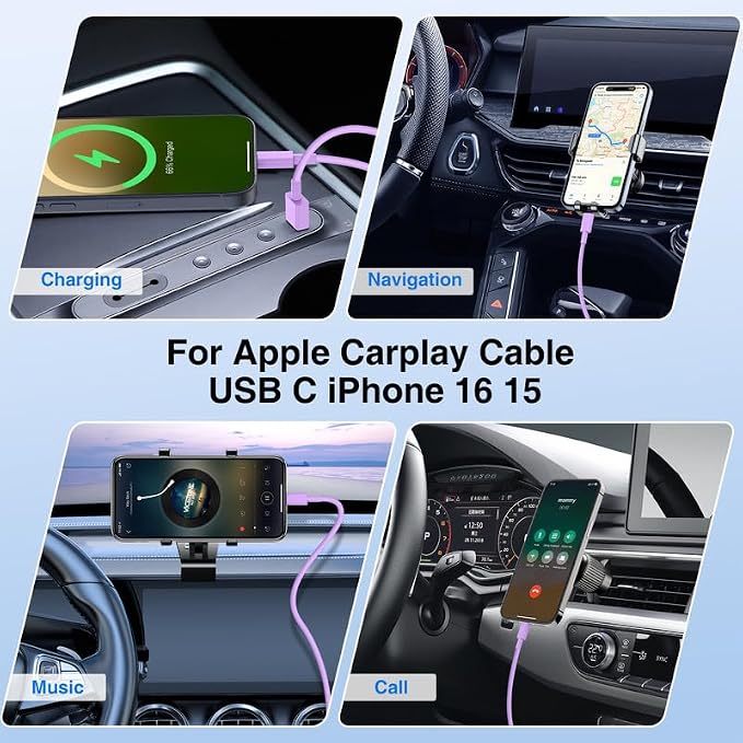 USB C Car Charger for iPhone 17 16 15 Pro Max,40W Dual Port USB-C & USB-A Car Fast Charging Adapter, 2X6FT C to C Cable & A to C Carplay Cable for iPhone 17 16 15 Series/iPhone Air,iPad,Samsung-Purple