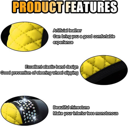 Bling Soft Leather Steering Wheel Cover, 15 Inch Colorful Rhinestones Auto Elastic Protector with Crystal Diamond for Women Girls, Car Accessories for Most Cars, SUVs (Yellow)