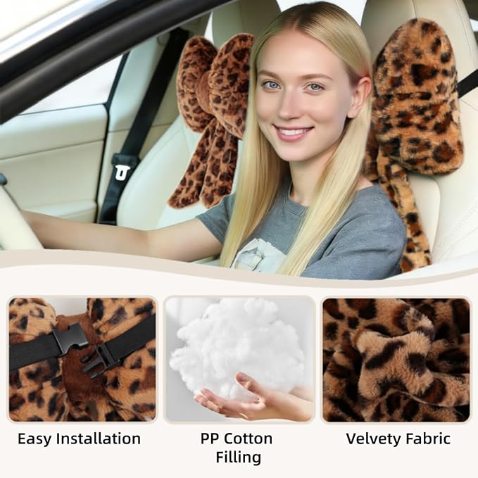 Sexysamba 2 Pcs Plush Bow Car Headrest Neck Pillow Cute Bow Pillow for Car Seat Décor Soft Neck Support for Comfortable Driving Traveling Office Fluffy Head Rest Cushion, Leopard Print