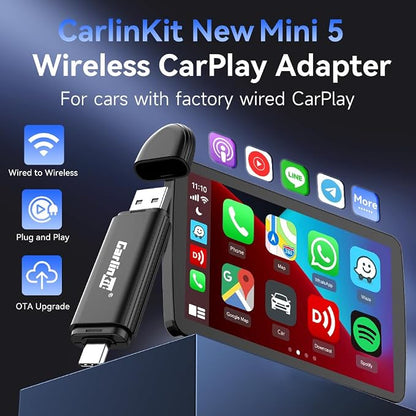 Carlinkit CarPlay Wireless Adapter MiNi SE 2026 - Auto Connect Online Update for iPhone, Apple CarPlay Wireless Adapter Convert OEM Wired CarPlay Cars, Plug & Play Dongle