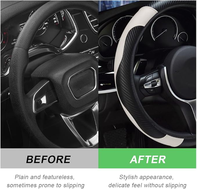 DXNQ Car Steering Wheel Cover, 15 Inch Carbon Fiber Leather Stitching Color Steering Wheel Protector, Anti-Slip Elastic Breathable Steering Wheel Cover Stylish Decor for Most Cars (Black & White)