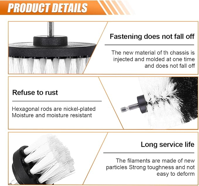 3PCS Car Detailing Drill Brush Set, Car Interior Power Scrubber Brush, Wheel Cleaner Drill Brush, Car Wash Cleaning Kit for Floor, Grout, Car Mats, Tub, Tile, Bathroom, Carpet (White)