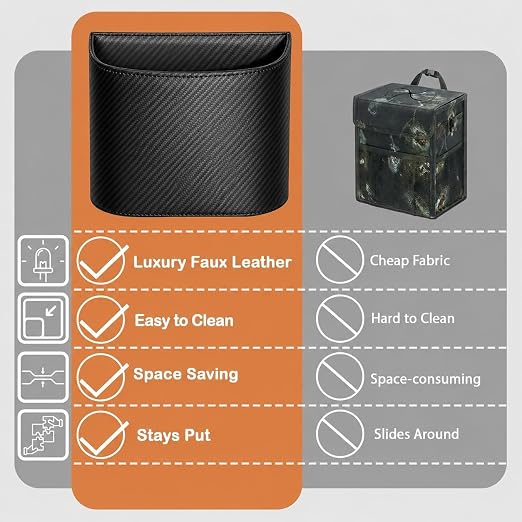 COZILO Leather Car Trash Can – Leakproof & Easy-to-Clean Car Garbage Can for Luxury Cars, SUVs & Trucks | Includes 60 Custom Liners, Secure Hook, Easy Install, Carbon Fiber