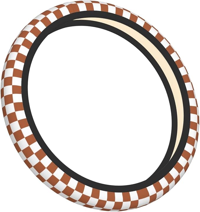 Brown Checkered Steering Wheel Cover for Women,Universal Auto Steering Wheel 14-15 Inch Car Interior Accessories with 2PCS Car Coasters,Suitable for Men and Women
