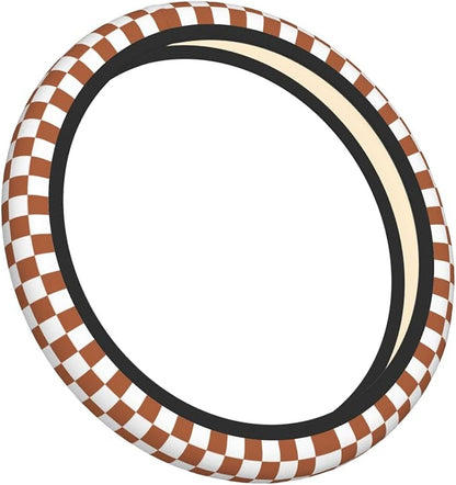Brown Checkered Steering Wheel Cover for Women,Universal Auto Steering Wheel 14-15 Inch Car Interior Accessories with 2PCS Car Coasters,Suitable for Men and Women