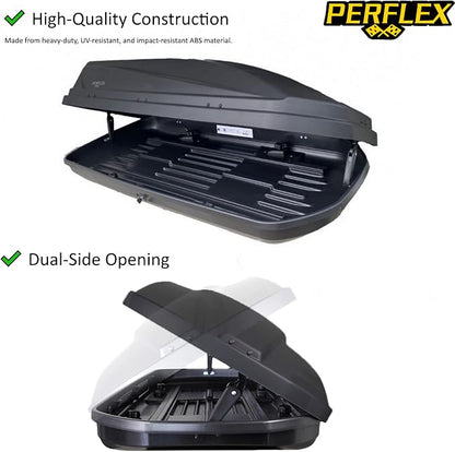 Perflex Exclusive Rooftop Cargo Box Carrier Large 17.7 Cubic Feet Car Top Mount Travel Luggage Storage, Dual Side Opening, 130 Lbs Weight Capacity, Extra Keys, Straps (Black)