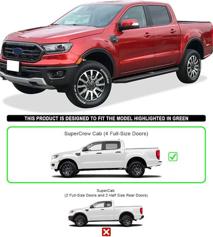 APS 6-inch (Black Stainless Steel Powder Coated Flat Style) Running Boards Nerf Bars Side Steps Compatible with Ford Ranger 2019-2026 SuperCrew Cab 4-Door