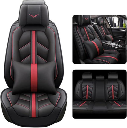 otoez Car Seat Covers Full Set Luxury Leather Automotive Interior Seat Covers, Waterproof Non-Slip Front & Rear Seat Cushion Protector Universal Fit Most Car Sedan Truck SUV (Black, with Pillows)